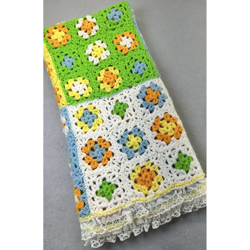 Handmade Crochet Knit Flower Blanket Eyelet Yellow Blue Green Afghan Baby 28x40